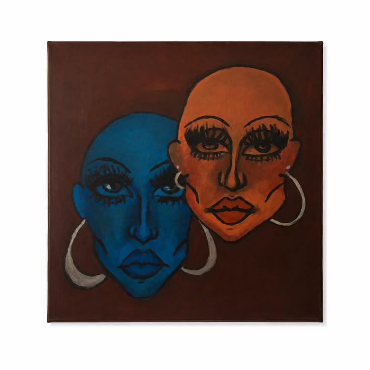 Konstverket "Orange and Blue", AKRYL PÅ CANVAS, SKYDDAD MED VARNISH GLOSS, 40X40 CM